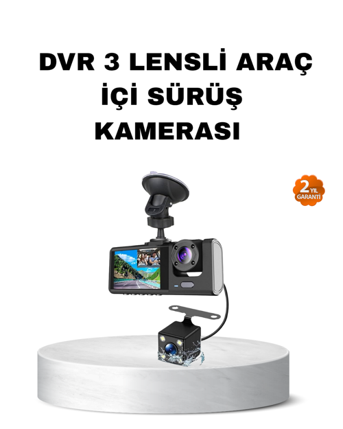 Üç Kameralı Araç İçi Kayıt Sistemi Full HD Gece Görüşlü ve G-Sensör Destekli
