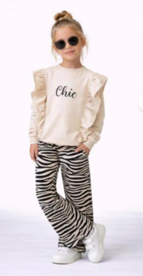 Kız Çocuk "Stay Chic" Fırfırlı Sweatshirt ve Zebra Desenli Takım 50041-