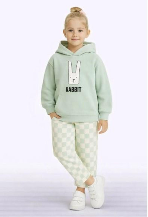 Çocuk Kapüşonlu Rabbit Desenli 3 İplik Şardonlu Eşofman Takımı (5-8 Yaş) 10761-Y