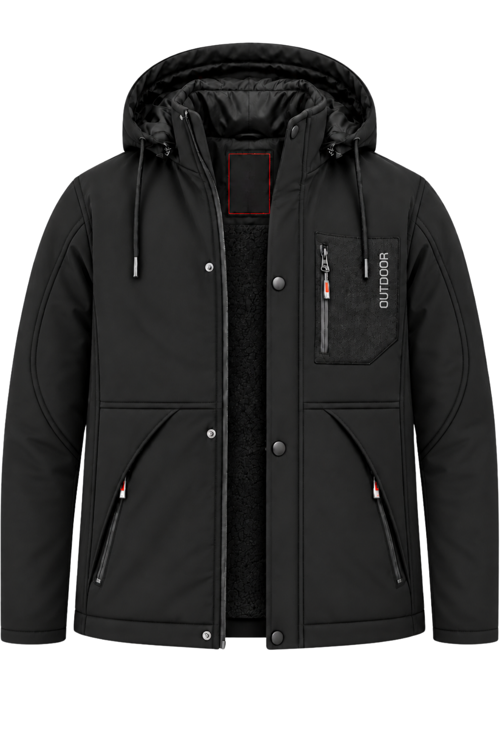 Erkek Siyah Kapüşonlu Kışlık Softshell Suya Dayanıklı Fermuarlı Cepli Outdoor Mont
