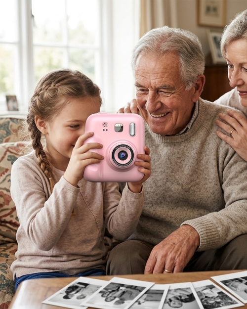 HD Ekranlı Çocuk Fotoğraf Makinesi Video Kayıt ve Baskı Kağıdı Kalem Hediyeli PEMBE-3