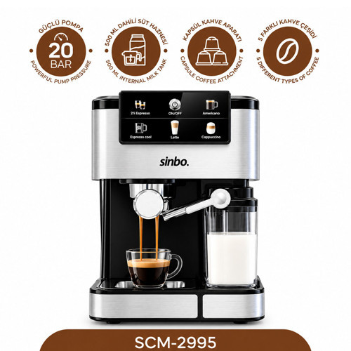 SİYAH - KROM ESPRESSO KAHVE MAKİNESİ 6 FARKLI KAHVE 1.5LT SU HAZNE - 500ML SÜT HAZNE 1350W SCM-2995