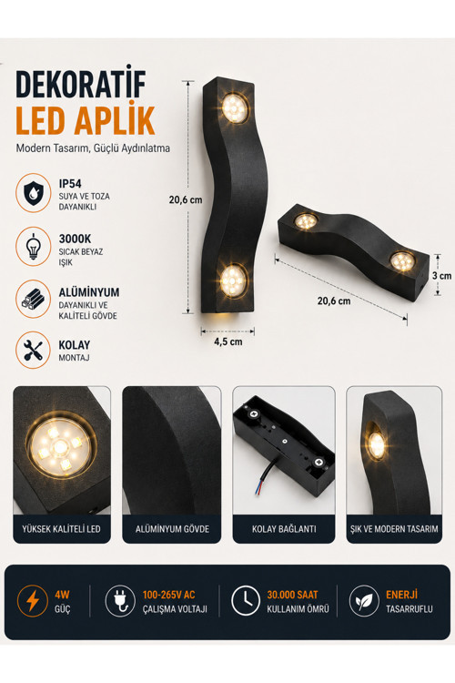 Ah07-07501 Dekoratif Led Aplik 4W 3000K Siyah Alüminyum
