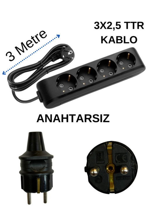 (4'Lü) Dörtlü Priz Topraklı Kablolu Siyah (3X2,5 Ttr) 3 (Üç) Metre