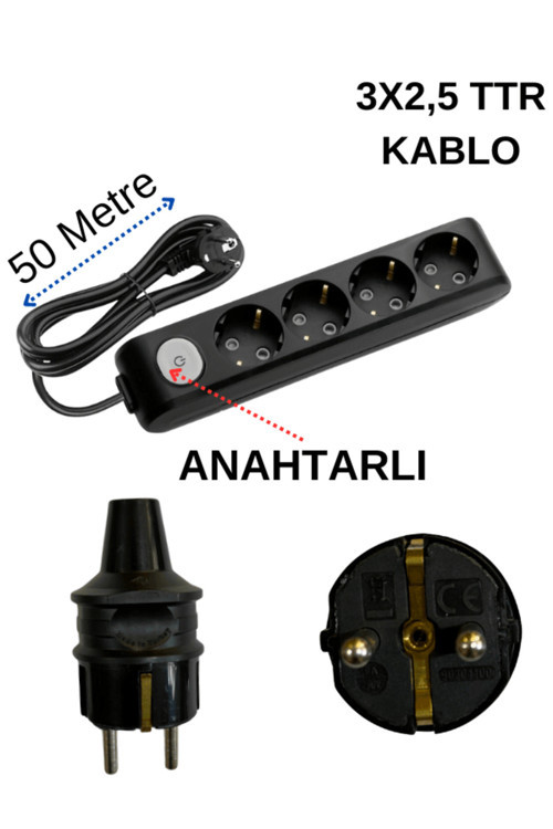 (4'Lü) Dörtlü Priz Topraklı Anahtarlı Kablolu Siyah (3X2,5 Ttr) 50 (Elli) Metre