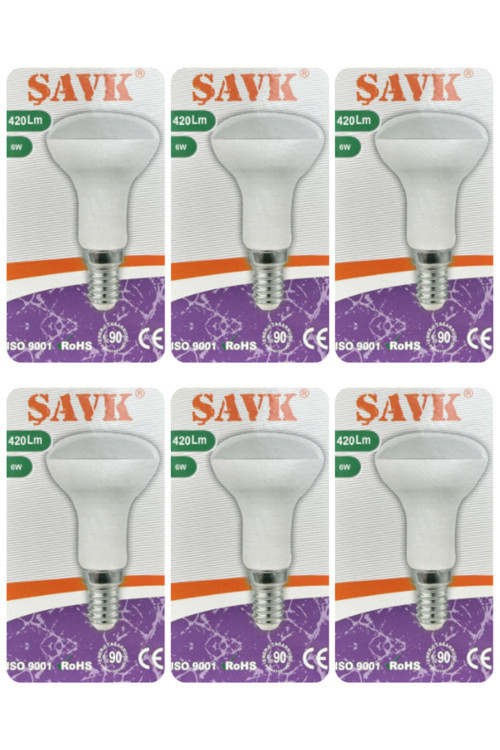 (6 Adet) 6W (37W) Sarı Işık (3000K) E14 Duylu (İnce Duy) Led R50 Ampul