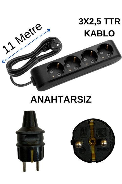 (4'Lü) Dörtlü Priz Topraklı Kablolu Siyah (3X2,5 Ttr) 11 (On Bir) Metre