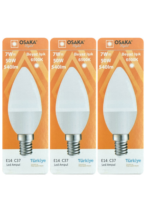 (3 Adet) Osaka 7W (50W) Beyaz Işık (6500K) E14 Duylu (İnce Duy) Led Mum Ampul