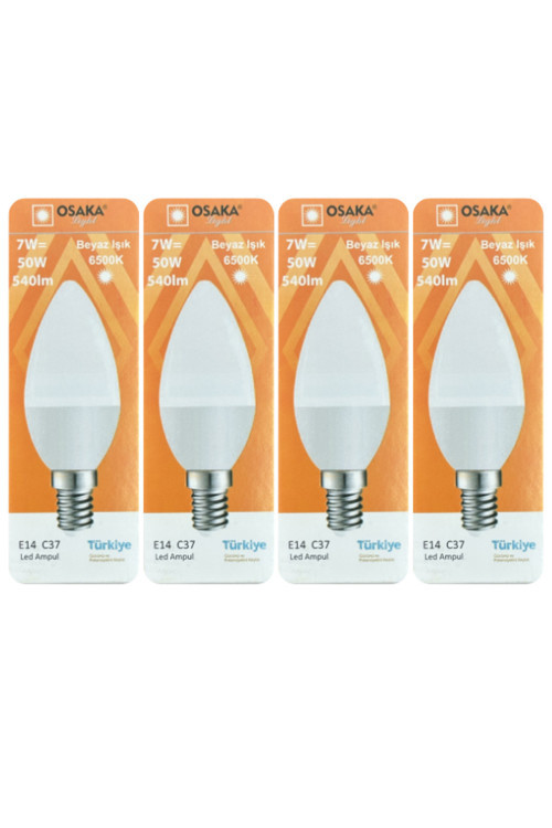 (4 Adet) Osaka 7W (50W) Beyaz Işık (6500K) E14 Duylu (İnce Duy) Led Mum Ampul