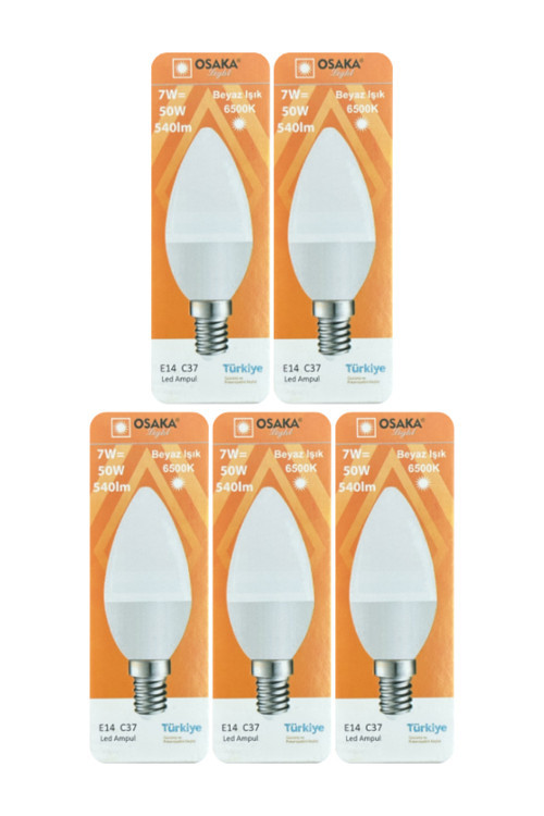 (5 Adet) Osaka 7W (50W) Beyaz Işık (6500K) E14 Duylu (İnce Duy) Led Mum Ampul