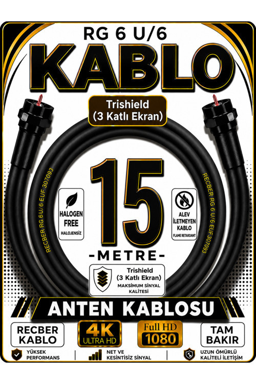 Reçber Rg 6 U/6 Phy-Hf Trishield Koaksiyel Uydu Kablosu 307093 15 Metre