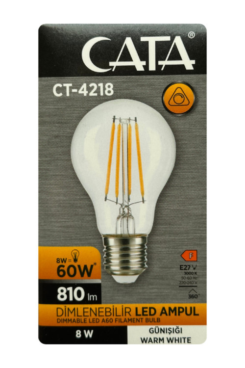 Ct-4218 8W (60W) 3000K (Sarı Işık) Dim Edilebilir E27 Duylu (Kalın Duy) Led Filament Ampul