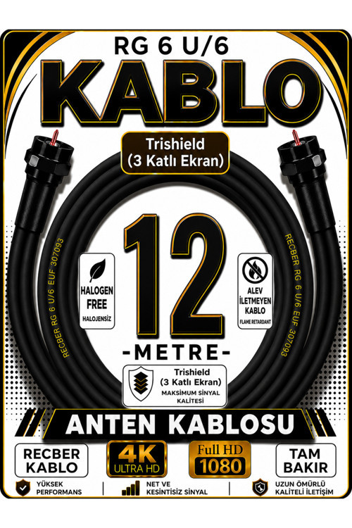 Reçber Rg 6 U/6 Phy-Hf Trishield Koaksiyel Uydu Kablosu 307093 12 Metre