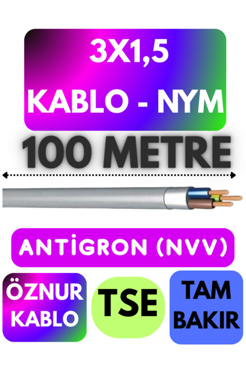 3X1,5 Antigron (Nym) Kablo (Gri) Metre Seçenekli 100 Metre