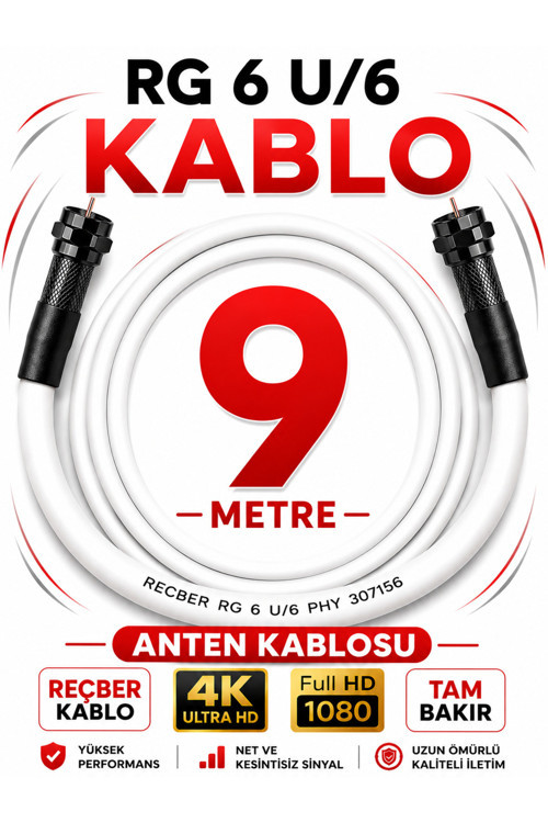 Reçber Anten Kablosu Rg 6 U/6 307156 Tam Bakır Beyaz 9 Metre