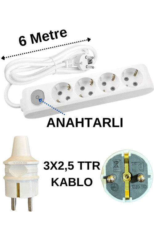 (4'Lü) Dörtlü Priz Topraklı Anahtarlı Kablolu Beyaz (3X2,5 Ttr) 6 (Altı) Metre