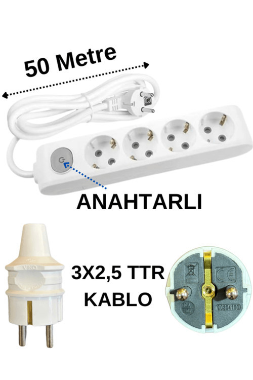 (4'Lü) Dörtlü Priz Topraklı Anahtarlı Kablolu Beyaz (3X2,5 Ttr) 50 (Elli) Metre
