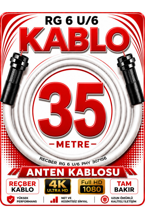 Reçber Anten Kablosu Rg 6 U/6 307156 Tam Bakır Beyaz 35 Metre