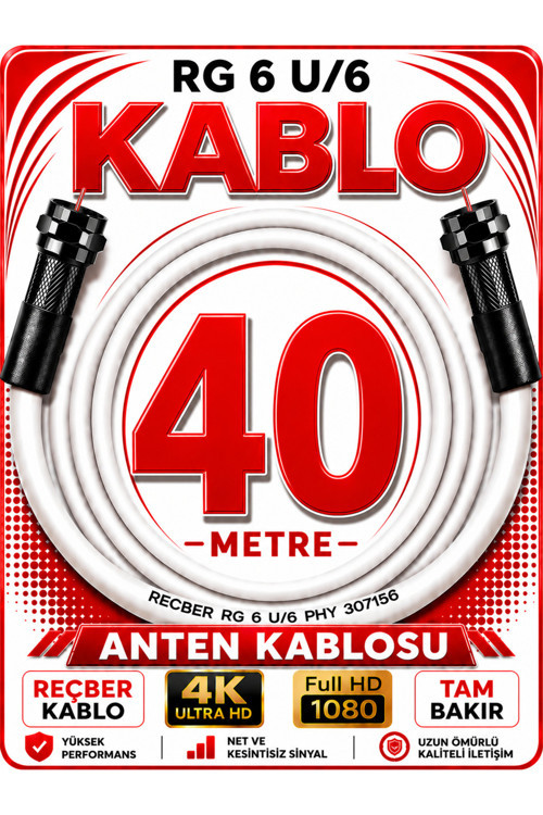 Reçber Anten Kablosu Rg 6 U/6 307156 Tam Bakır Beyaz 40 Metre