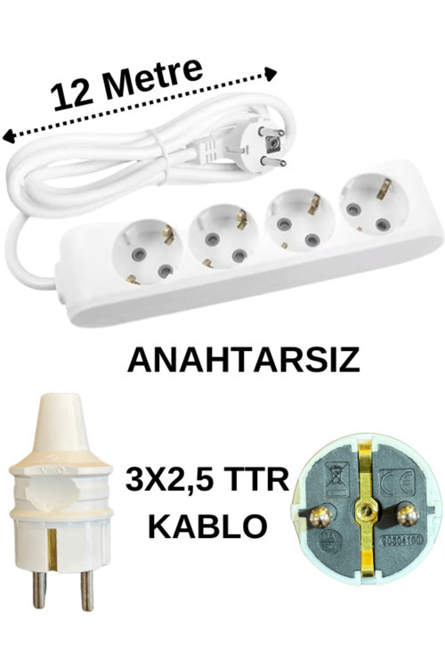 (4'Lü) Dörtlü Priz Topraklı Kablolu Beyaz (3X2,5 Ttr) 12 (On İki) Metre