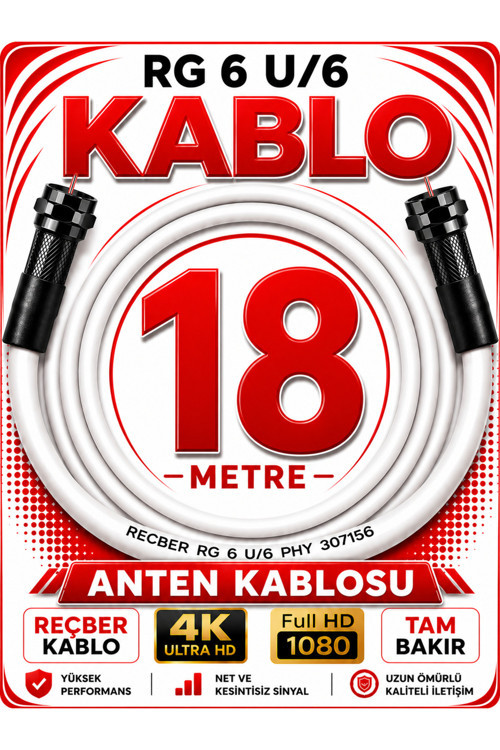 Reçber Anten Kablosu Rg 6 U/6 307156 Tam Bakır Beyaz 18 Metre