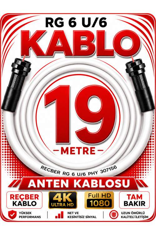 Reçber Anten Kablosu Rg 6 U/6 307156 Tam Bakır Beyaz 19 Metre
