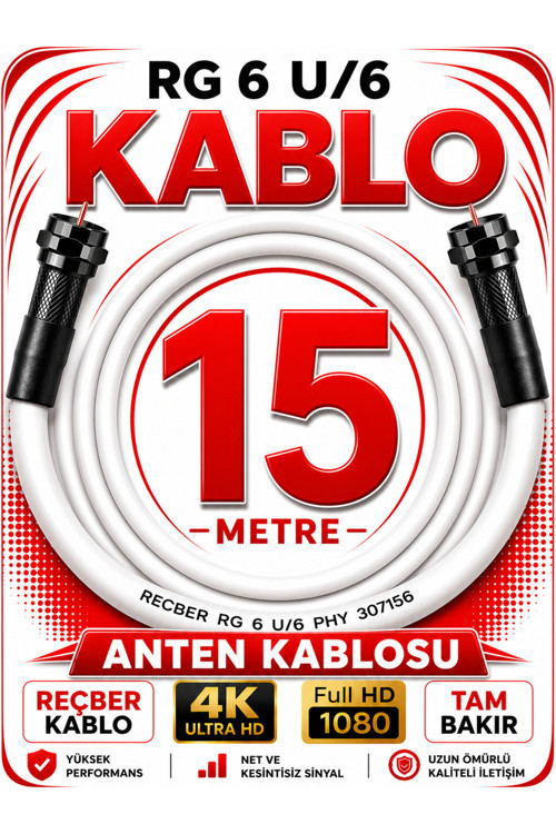 Reçber Anten Kablosu Rg 6 U/6 307156 Tam Bakır Beyaz 15 Metre