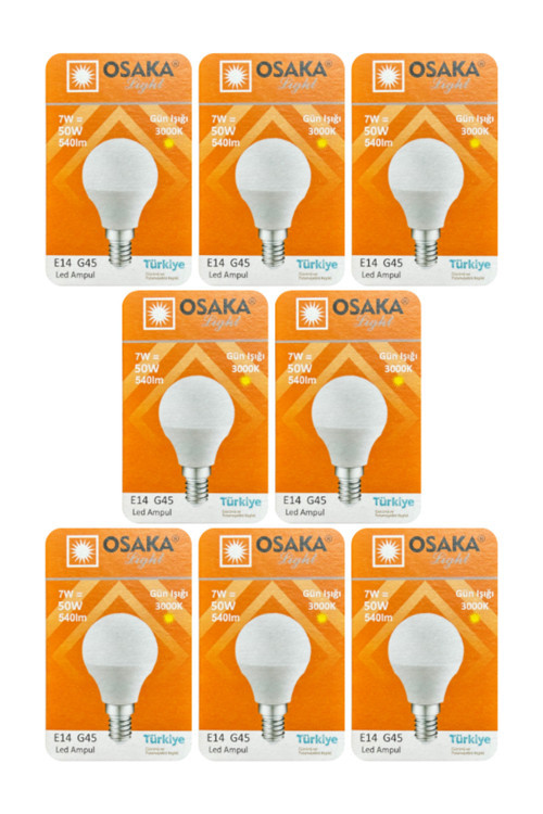 (8 Adet) Osaka 7W (50W) Sarı Işık E14 Duylu (İnce Duy) Led Mini Ampul