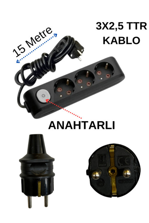 (3'Lü) Üçlü Priz Topraklı Anahtarlı Kablolu Siyah (3X2,5 Ttr) 15 (On Beş) Metre