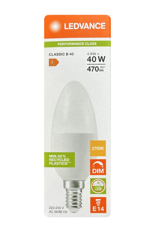 (1 Adet) Ledvance 4,9W Sarı Işık (2700K) E14 Duylu (İnce Duy) Dim Edilebilir Led Ampul