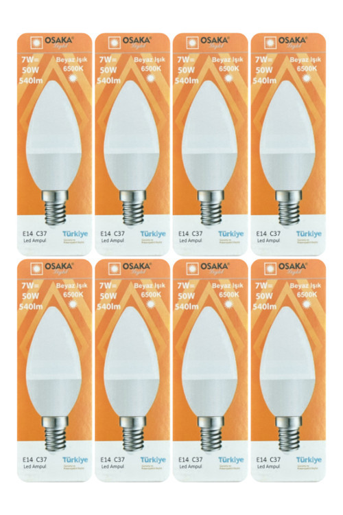 (8 Adet) Osaka 7W (50W) Beyaz Işık (6500K) E14 Duylu (İnce Duy) Led Mum Ampul