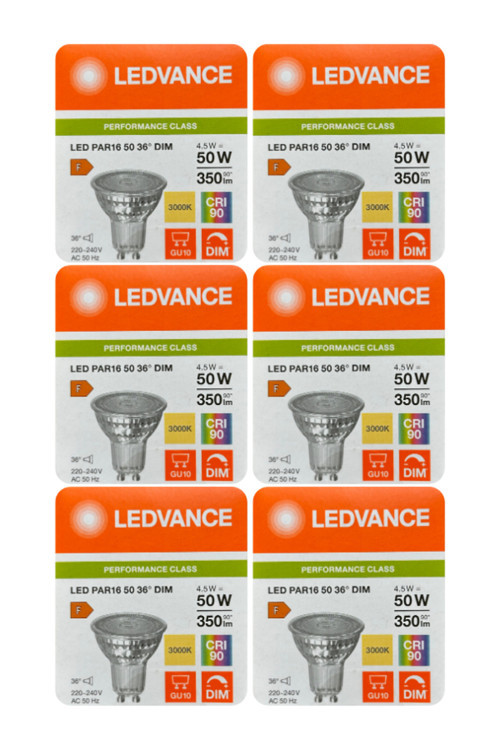 (6 Adet) Ledvance 4,5W (50W) 3000K (Sarı Işık) Dim Edilebilir Gu10 Duylu Led Spot Ampul