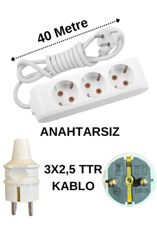 (3'Lü) Üçlü Priz Topraklı Kablolu Beyaz (3X2,5 Ttr) 40 (Kırk) Metre