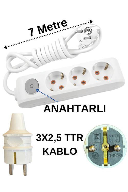 (3'Lü) Üçlü Priz Topraklı Anahtarlı Kablolu Beyaz (3X2,5 Ttr) 7 (Yedi) Metre