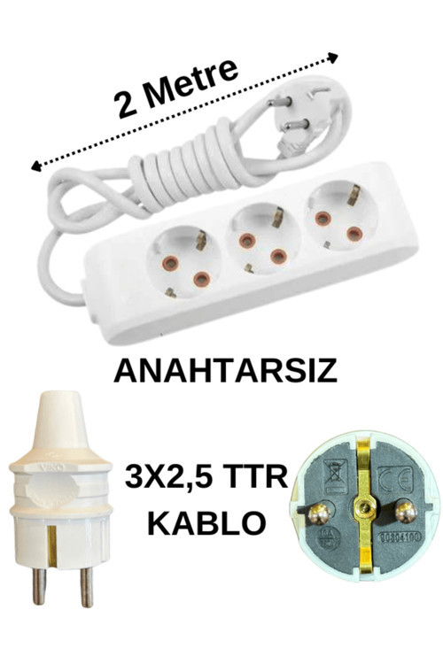 (3'Lü) Üçlü Priz Topraklı Kablolu Beyaz (3X2,5 Ttr) 2 (İki) Metre