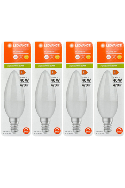 (4 Adet) Ledvance 4,9W (40W) 2700K (Sarı Işık) Dim Edilebilir E14 Duylu (İnce Duy) Led Mum Ampul