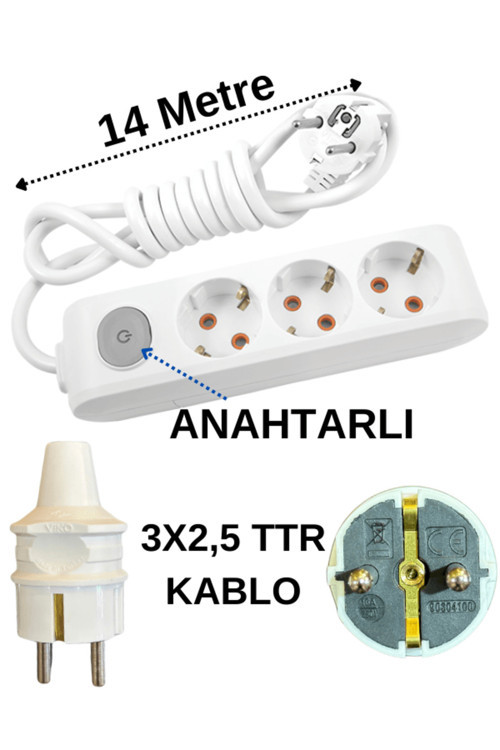 (3'Lü) Üçlü Priz Topraklı Anahtarlı Kablolu Beyaz (3X2,5 Ttr) 14 (On Dört) Metre