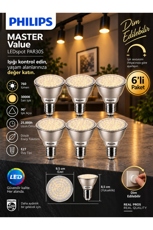(6 Adet) 9.5W 3000K Sarı Işık E27 Duylu 760 Lümen Dim Edilebilir Par30 Ampul