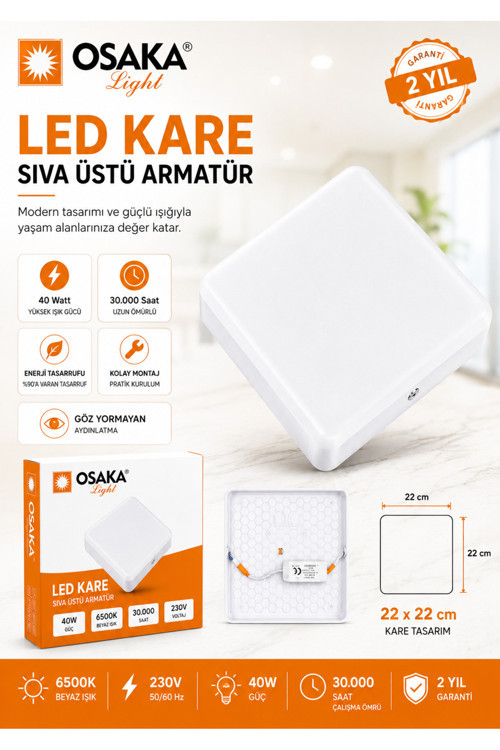 (1 Adet) Osaka 40W Kare Sıva Üstü Armatür Beyaz Işık (6500K)