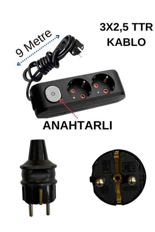 (2'Li) İkili Priz Topraklı Anahtarlı Kablolu Siyah (3X2,5 Ttr) 9 (Dokuz) Metre