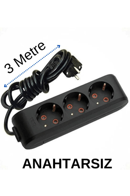 (3'Lü) Üçlü Priz Topraklı Kablolu Siyah 3 (Üç) Metre
