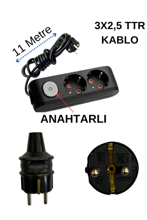 (2'Li) İkili Priz Topraklı Anahtarlı Kablolu Siyah (3X2,5 Ttr) 11 (On Bir) Metre