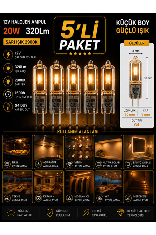 (5 Adet) Osaka 12Volt 20W Sarı Işık G4 Duylu Dim Edilebilir Halojen Kapsül Ampul