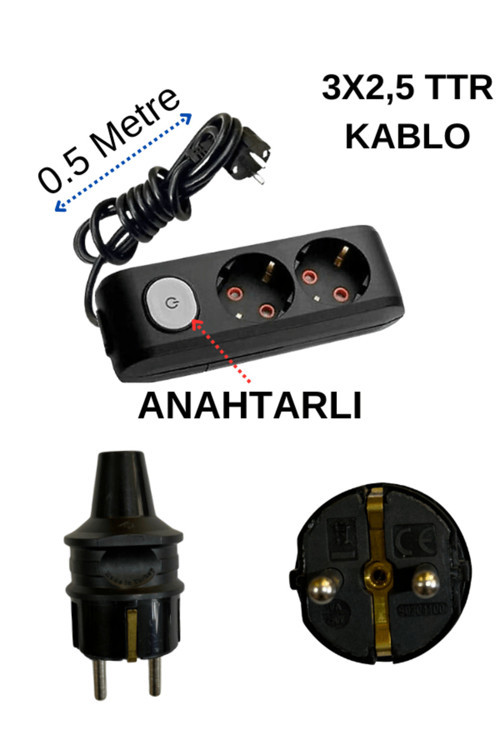 (2'Li) İkili Priz Topraklı Anahtarlı Kablolu Siyah (3X2,5 Ttr) 0,5 (Yarım) Metre