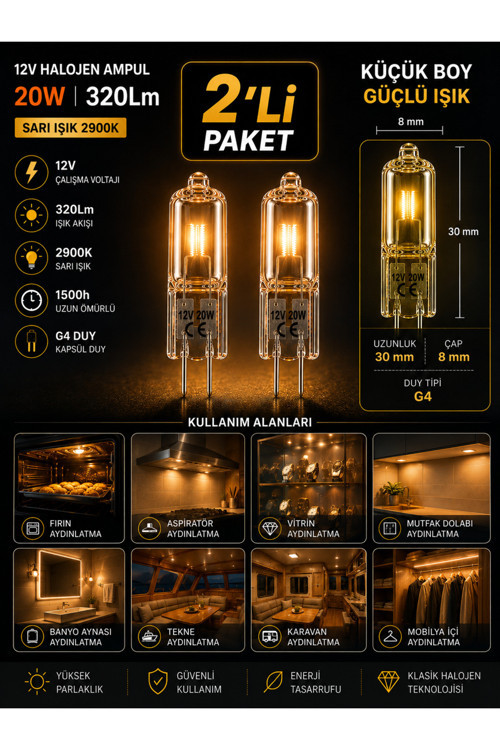 (2 Adet) Osaka 12Volt 20W Sarı Işık G4 Duylu Dim Edilebilir Halojen Kapsül Ampul