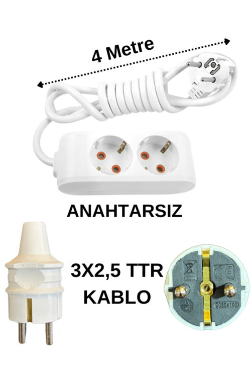 (2'Li) İkili Priz Topraklı Kablolu Beyaz (3X2,5 Ttr) 4 (Dört) Metre