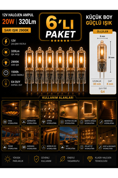(6 Adet) Osaka 12Volt 20W Sarı Işık G4 Duylu Dim Edilebilir Halojen Kapsül Ampul