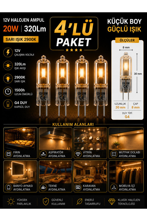(4 Adet) Osaka 12Volt 20W Sarı Işık G4 Duylu Dim Edilebilir Halojen Kapsül Ampul