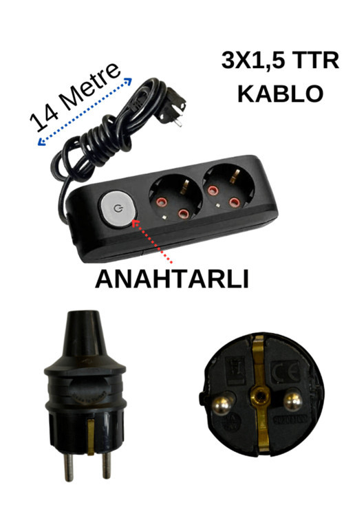 (2'Li) İkili Priz Topraklı Anahtarlı Kablolu Siyah (3X1,5 Ttr) 14 (On Dört) Metre