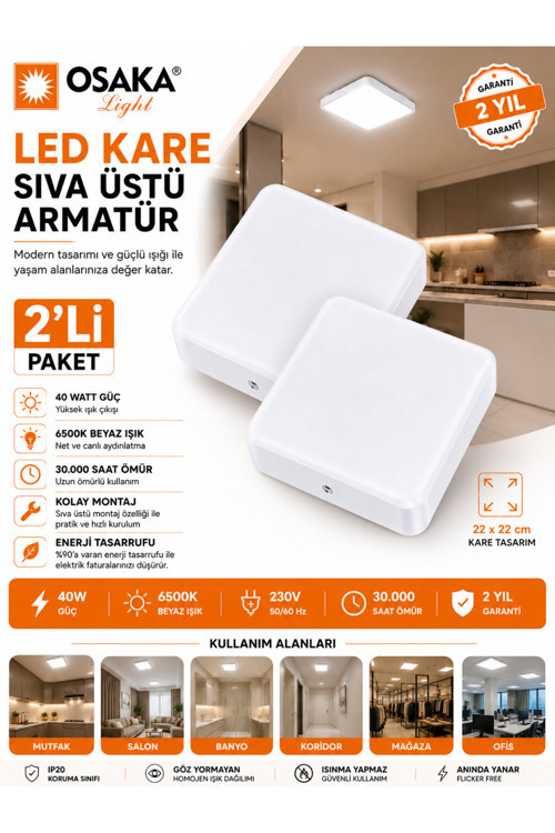 (2 Adet) Osaka 40W Kare Sıva Üstü Armatür Beyaz Işık (6500K)